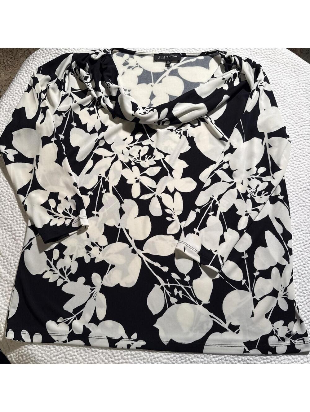 Jones New York Black White Floral 3/4 Sleeve Blouse Top Plus Size 0X